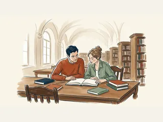 Dos adultos leyendo juntos un libro en una biblioteca.