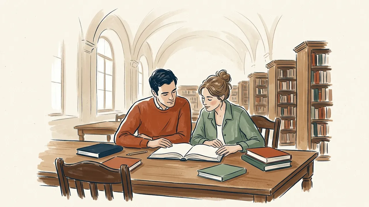 Dos adultos leyendo juntos un libro en una biblioteca.