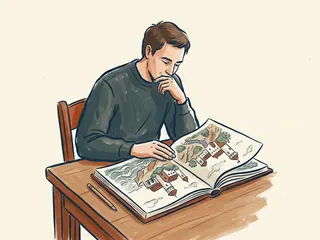 Una persona observa un álbum con dibujos de arquitectura costera ficticia.