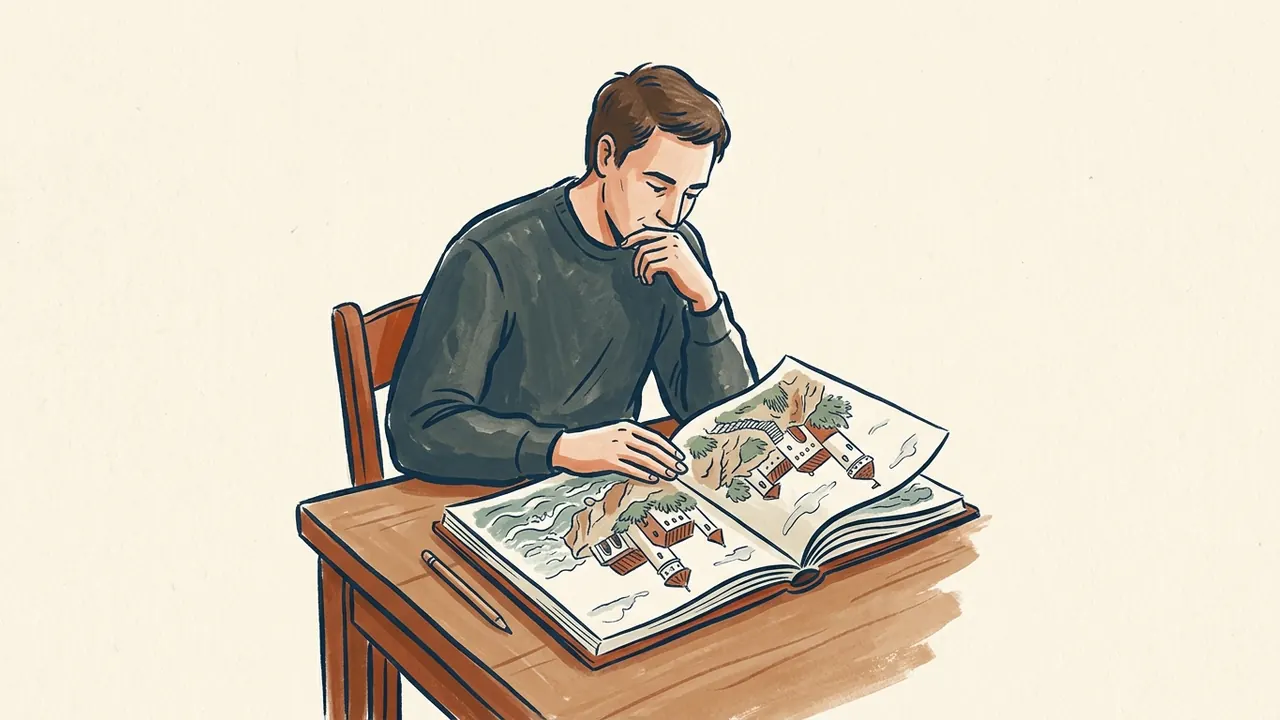 Una persona observa un álbum con dibujos de arquitectura costera ficticia.