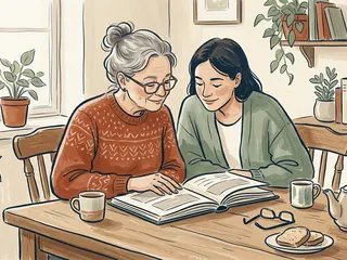 Una madre y su hija adulta miran juntas un álbum sobre una mesa.