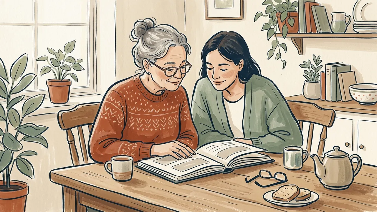 Una madre y su hija adulta miran juntas un álbum sobre una mesa.