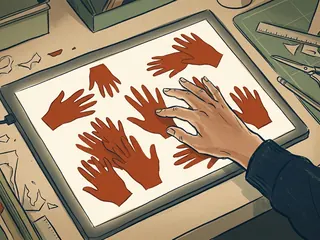 Una mano adulta organiza siluetas de manos rojas recortadas en papel.