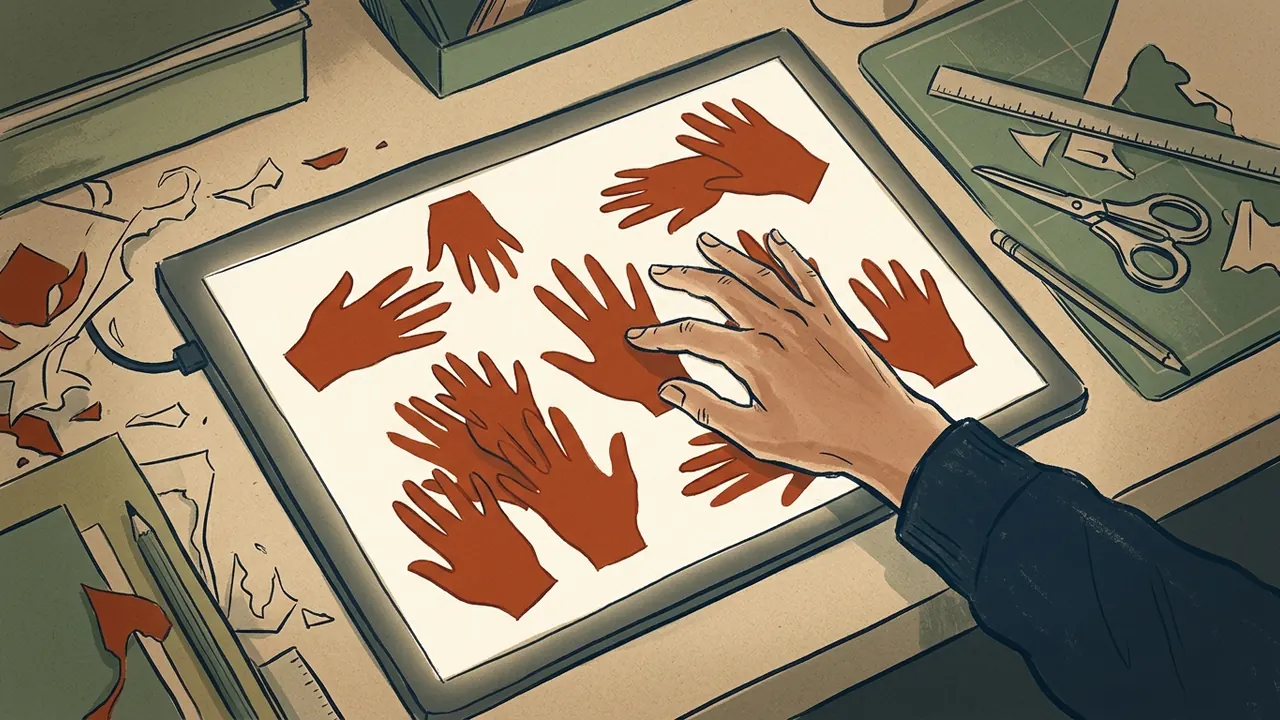 Una mano adulta organiza siluetas de manos rojas recortadas en papel.