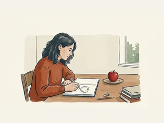 Una persona adulta dibuja una manzana colocada sobre un plato.