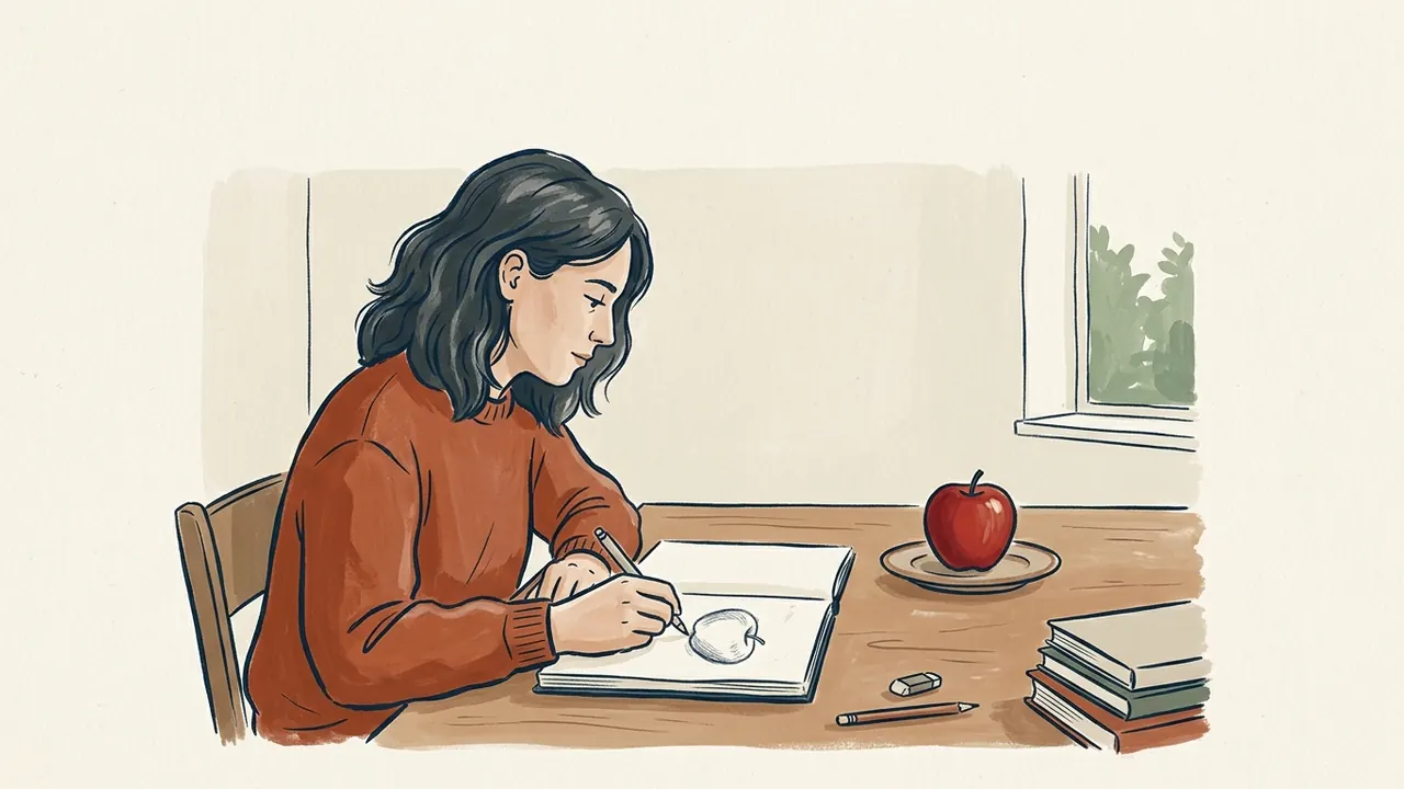 Una persona adulta dibuja una manzana colocada sobre un plato.