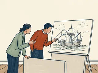 Dos personas observan el dibujo de un barco histórico imaginario.