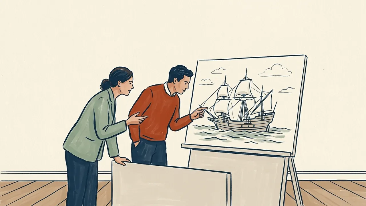 Dos personas observan el dibujo de un barco histórico imaginario.