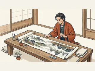 Una persona observa una ilustración de montañas y árboles extendida sobre una mesa.