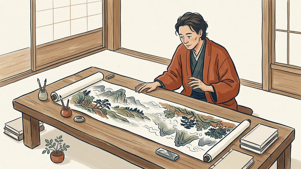 Una persona observa una ilustración de montañas y árboles extendida sobre una mesa.