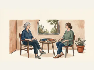 Dos mujeres conversan sentadas junto a una mesa con cuadernos y muestras de tela.