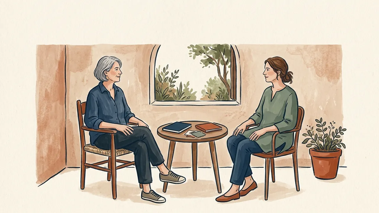 Dos mujeres conversan sentadas junto a una mesa con cuadernos y muestras de tela.