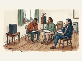 Tres personas escuchan música junto a un altavoz sencillo y cuadernos abiertos.