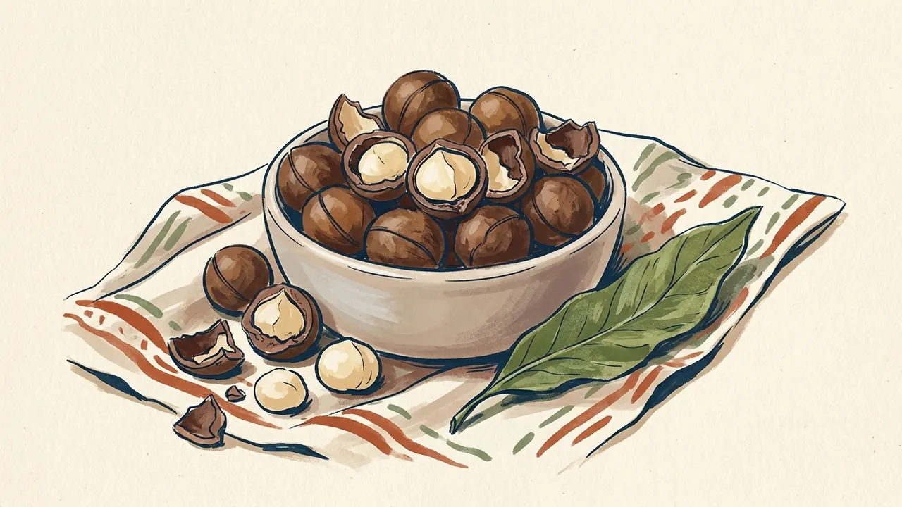 Un cuenco de macadamias con cáscara y abiertas sobre una tela junto a hojas verdes.