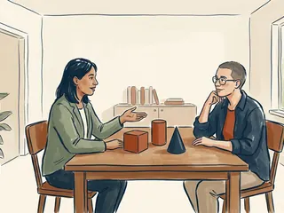 Dos personas adultas conversan sobre un cubo, un cilindro y un cono colocados en una mesa.