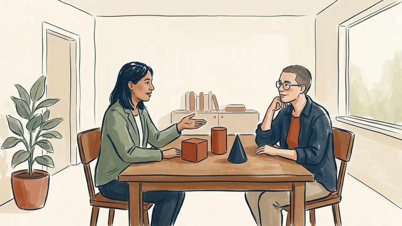 Dos personas adultas conversan sobre un cubo, un cilindro y un cono colocados en una mesa.