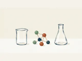 Modelo molecular de bolas de colores junto a dos recipientes de vidrio vacíos.