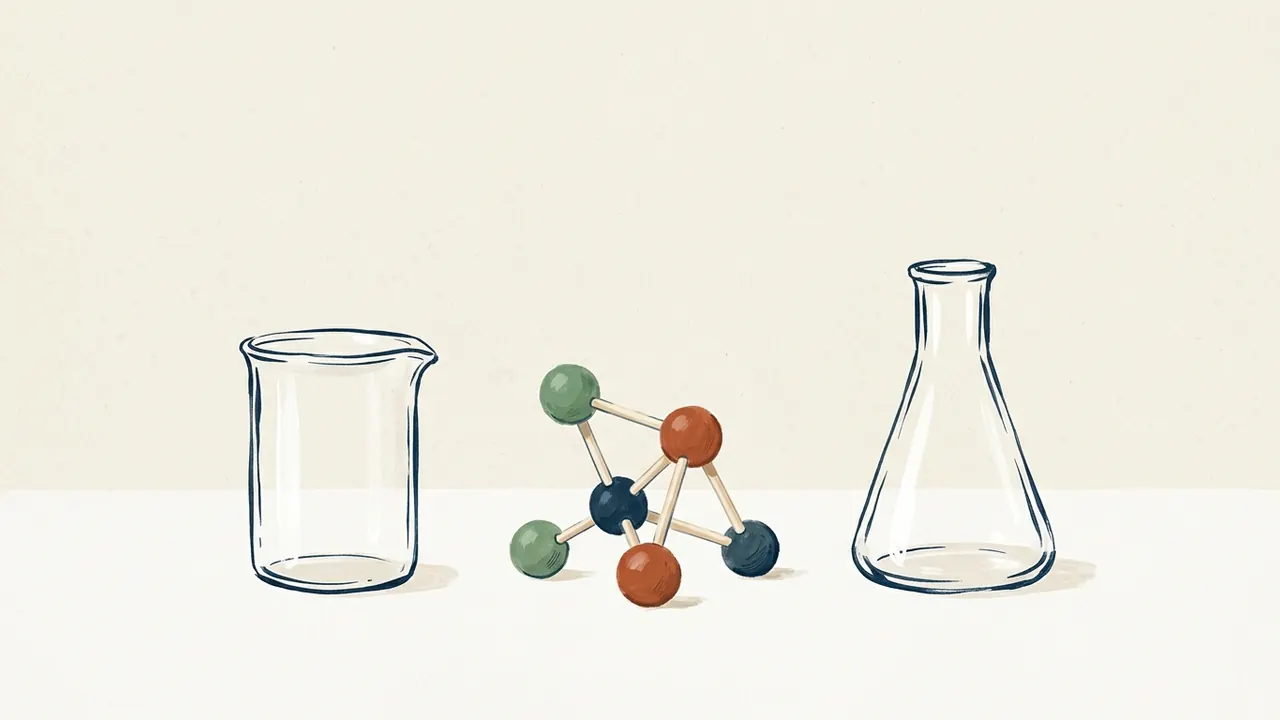 Modelo molecular de bolas de colores junto a dos recipientes de vidrio vacíos.