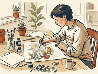 Una persona dibuja una silla y una planta en un patio imaginario.