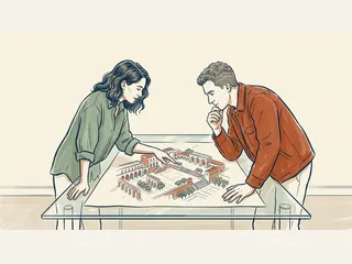 Dos personas observan el dibujo de una plaza mediterránea imaginaria sobre una mesa.