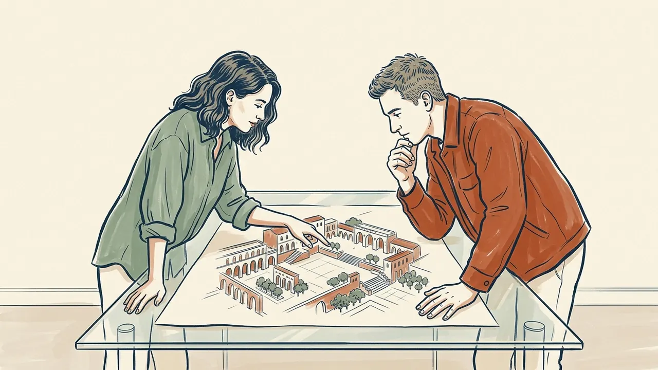 Dos personas observan el dibujo de una plaza mediterránea imaginaria sobre una mesa.