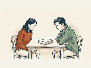 Dos personas sentadas ante una mesa observan un libro cerrado de cubierta lisa.