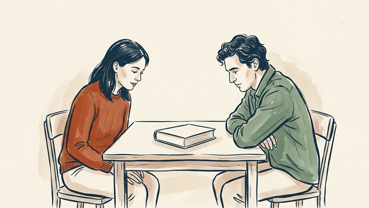 Dos personas sentadas ante una mesa observan un libro cerrado de cubierta lisa.
