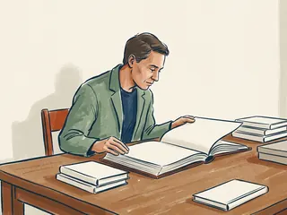 Una persona adulta pasa una página de un álbum vacío en una mesa con libros de cubiertas lisas.
