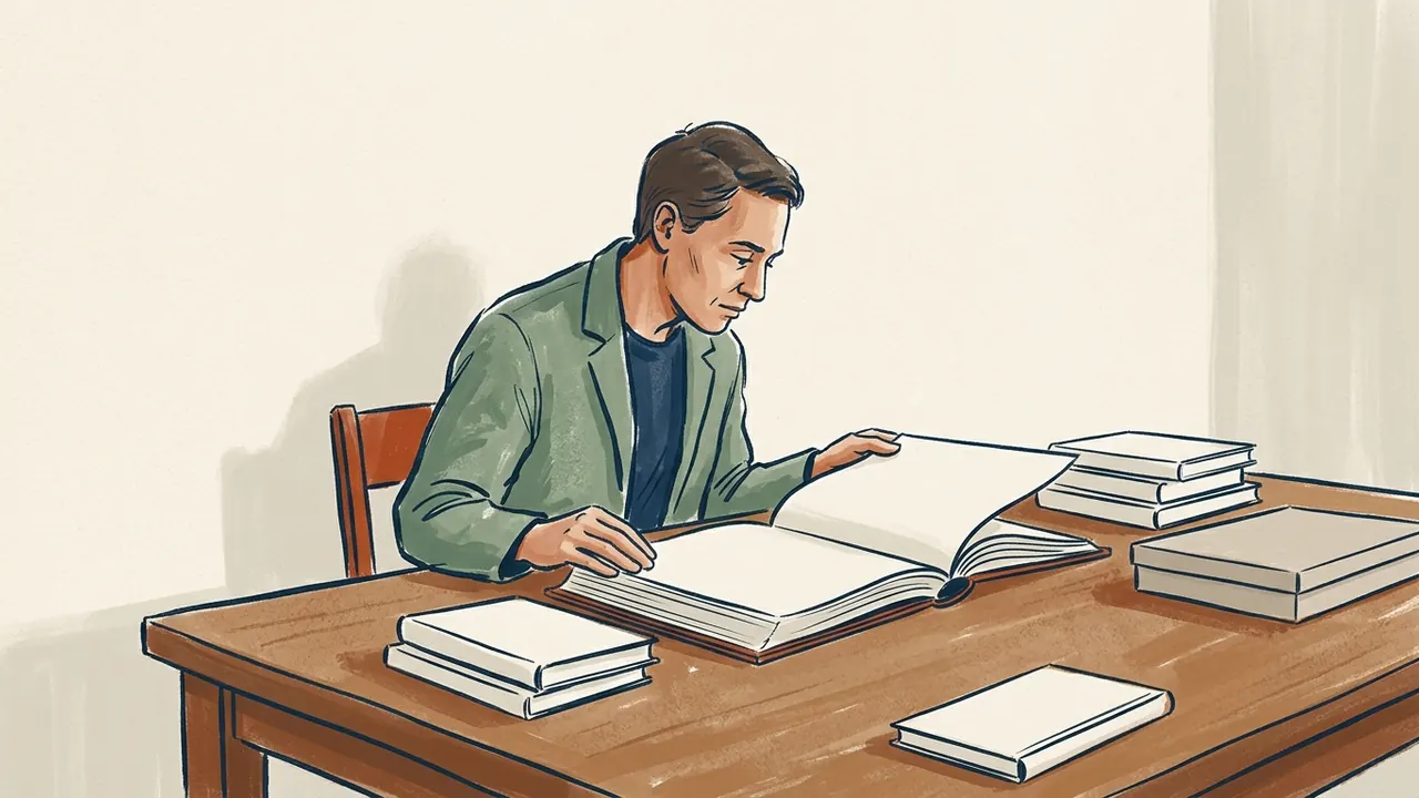 Una persona adulta pasa una página de un álbum vacío en una mesa con libros de cubiertas lisas.