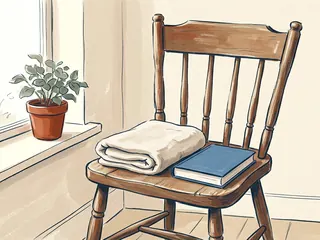Una toalla doblada y un libro de cubierta azul lisa descansan sobre una silla junto a una ventana.