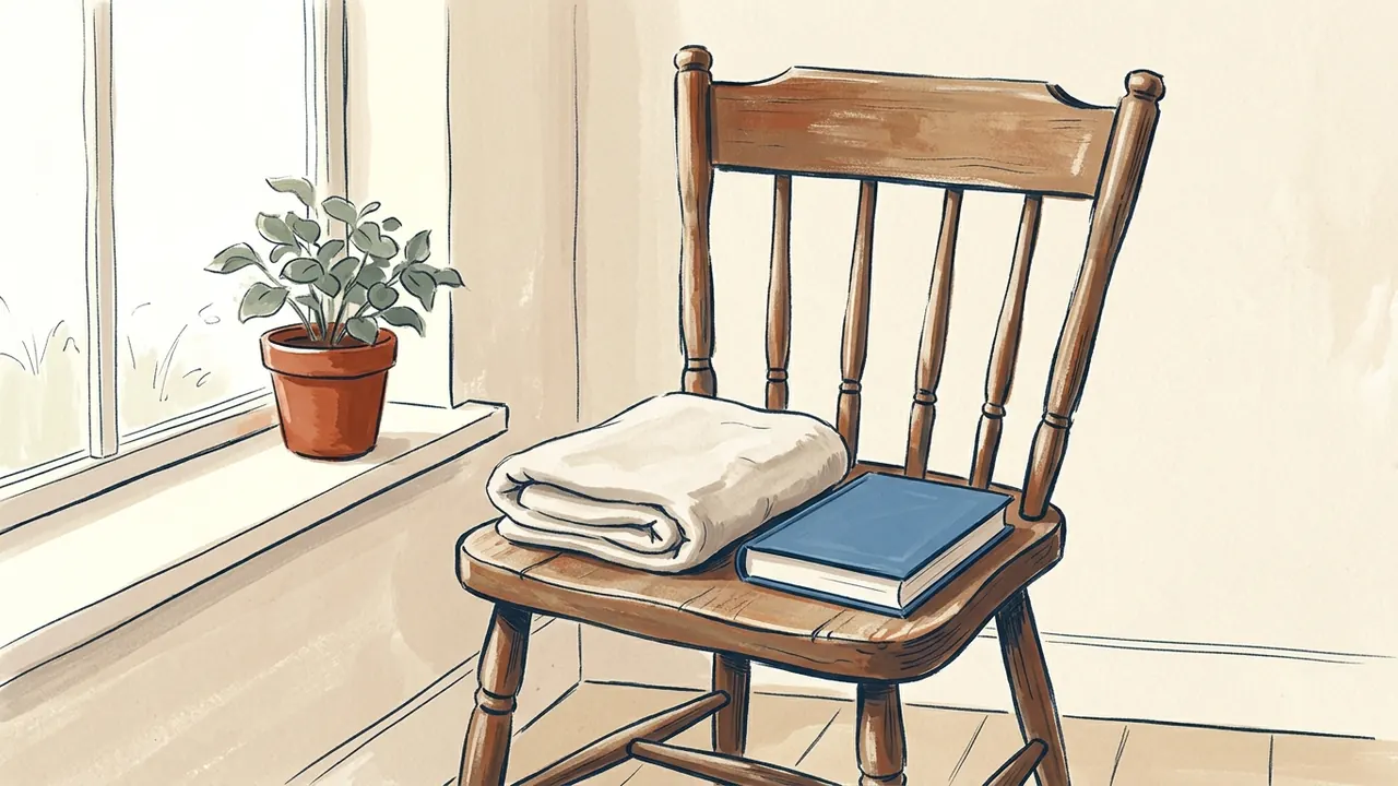 Una toalla doblada y un libro de cubierta azul lisa descansan sobre una silla junto a una ventana.