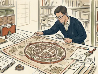 Una persona examina documentos y un plano imaginario de una ciudad amurallada en una mesa de archivo.