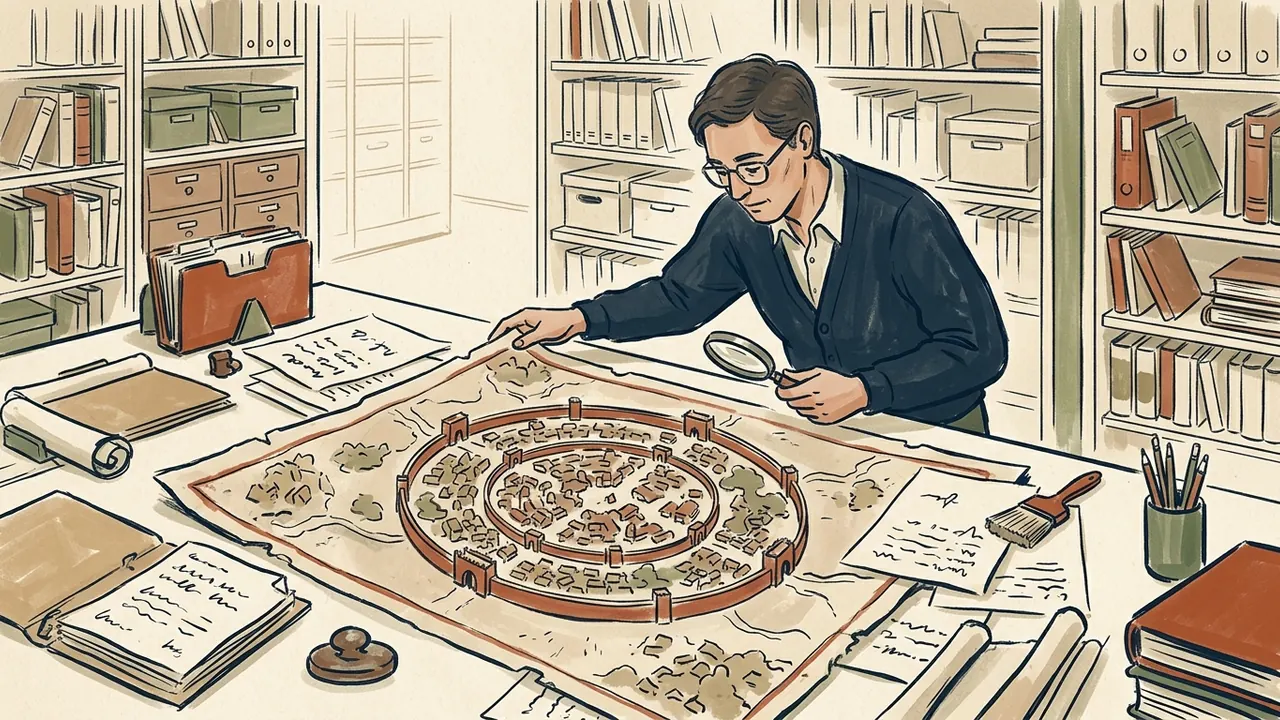 Una persona examina documentos y un plano imaginario de una ciudad amurallada en una mesa de archivo.