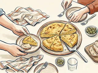 Manos adultas sirven tortilla de patata junto a pan y platos en una mesa.