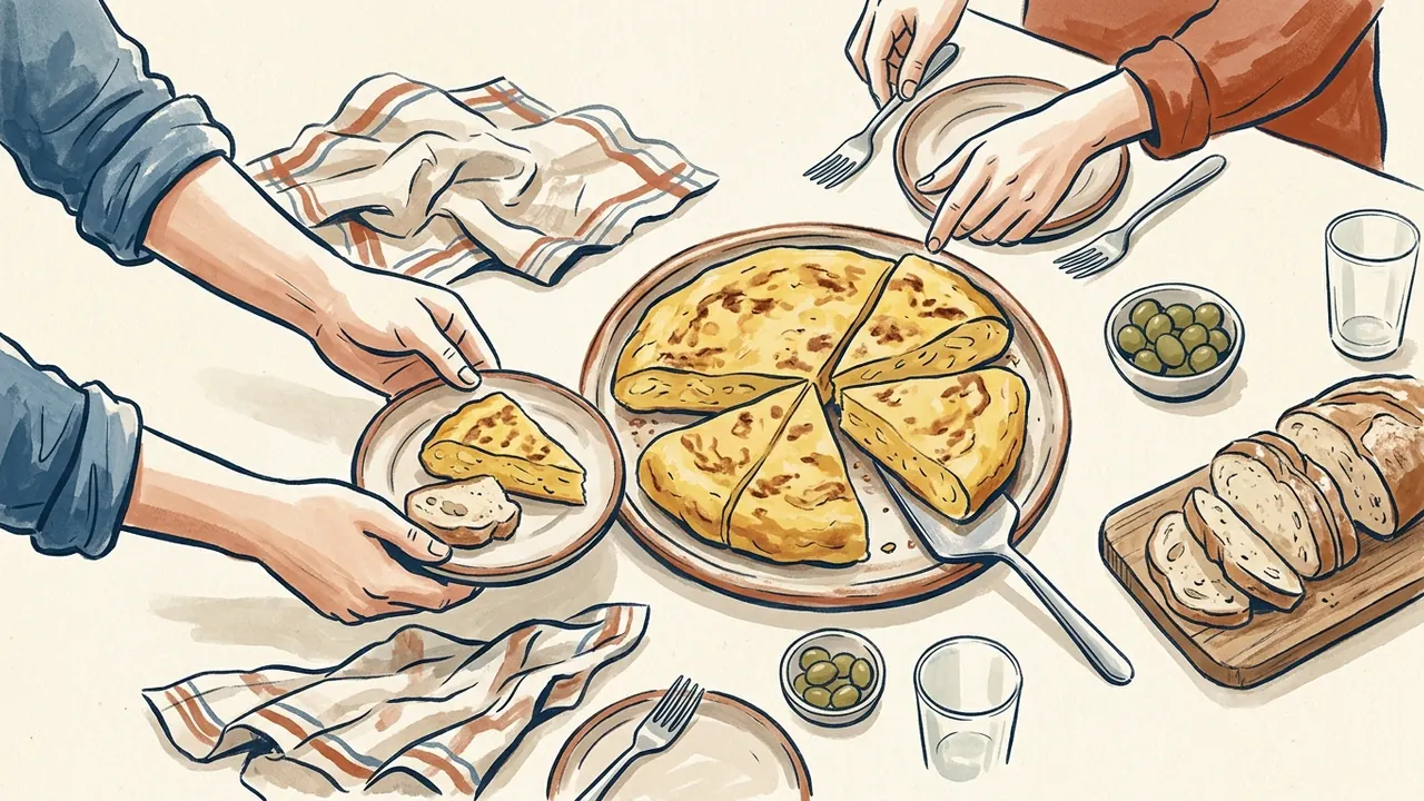 Manos adultas sirven tortilla de patata junto a pan y platos en una mesa.