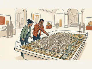 Dos personas observan una maqueta de una ciudad ficticia en una exposición.