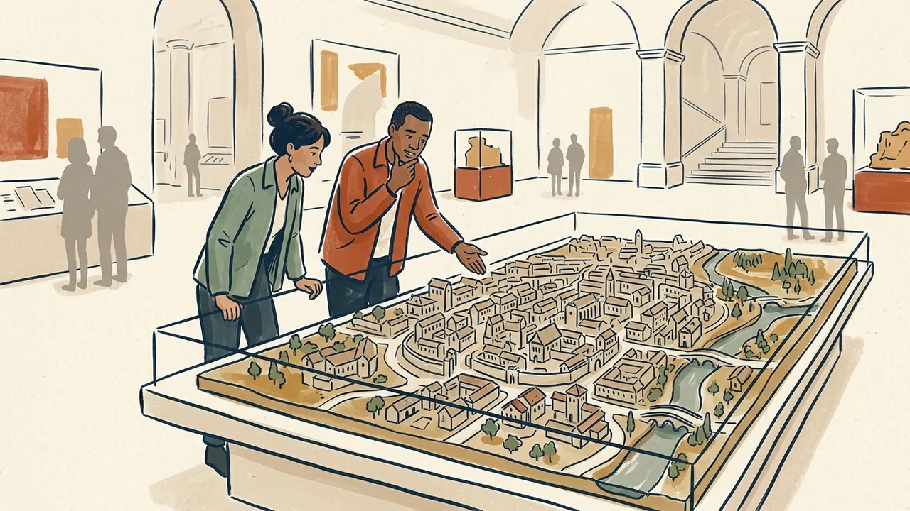 Dos personas observan una maqueta de una ciudad ficticia en una exposición.