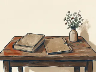 Un libro cerrado, una carpeta de archivo y un pequeño jarrón con flores sobre una mesa.