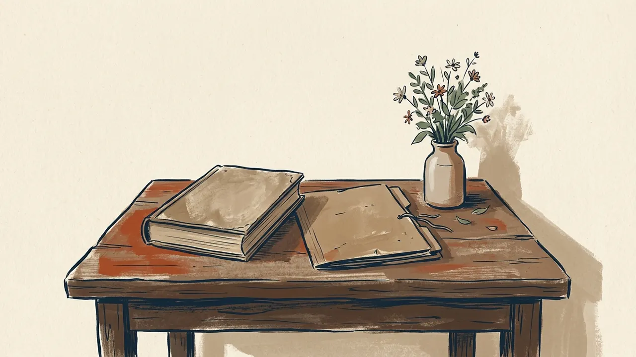 Un libro cerrado, una carpeta de archivo y un pequeño jarrón con flores sobre una mesa.