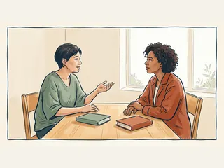 Dos personas conversan junto a dos libros cerrados en una mesa luminosa.