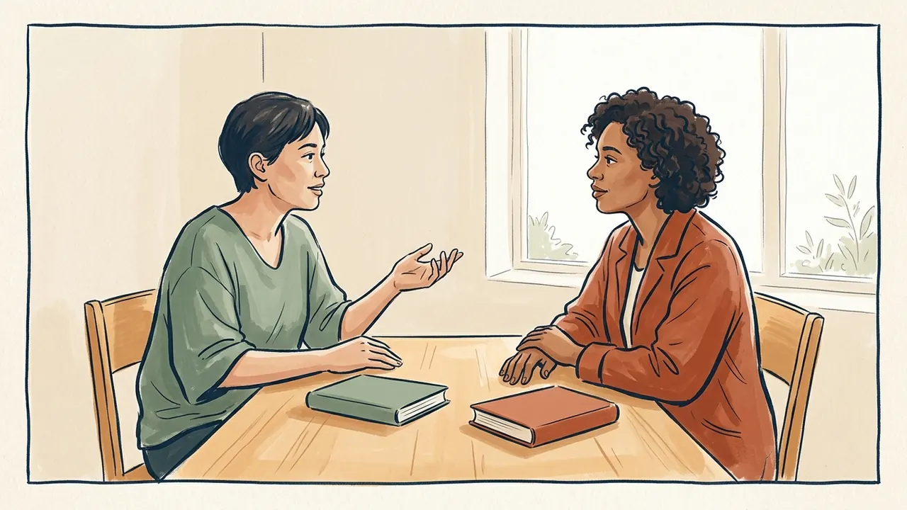 Dos personas conversan junto a dos libros cerrados en una mesa luminosa.