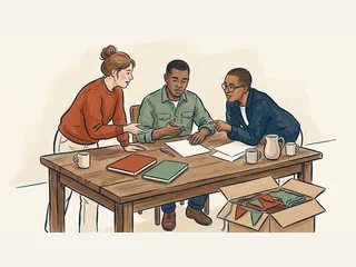 Tres personas organizan una actividad comunitaria alrededor de una mesa con libros lisos y papeles en blanco.