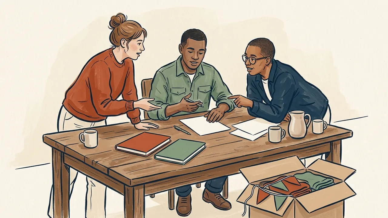 Tres personas organizan una actividad comunitaria alrededor de una mesa con libros lisos y papeles en blanco.