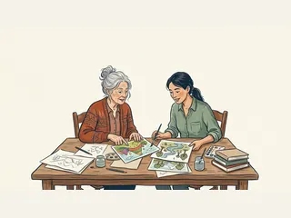Dos mujeres adultas de distintas edades comparten dibujos de paisajes sobre una mesa.