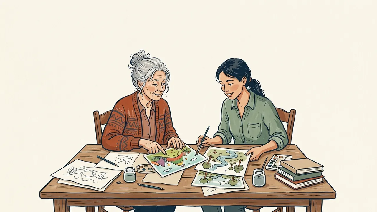 Dos mujeres adultas de distintas edades comparten dibujos de paisajes sobre una mesa.