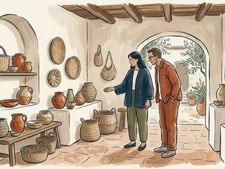 Dos personas observan cerámica y cestería en un espacio cultural ficticio de ambiente mediterráneo.