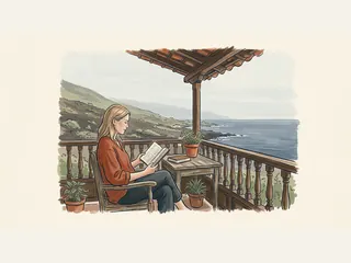 Mujer leyendo en un balcón de madera con vistas a la costa canaria.