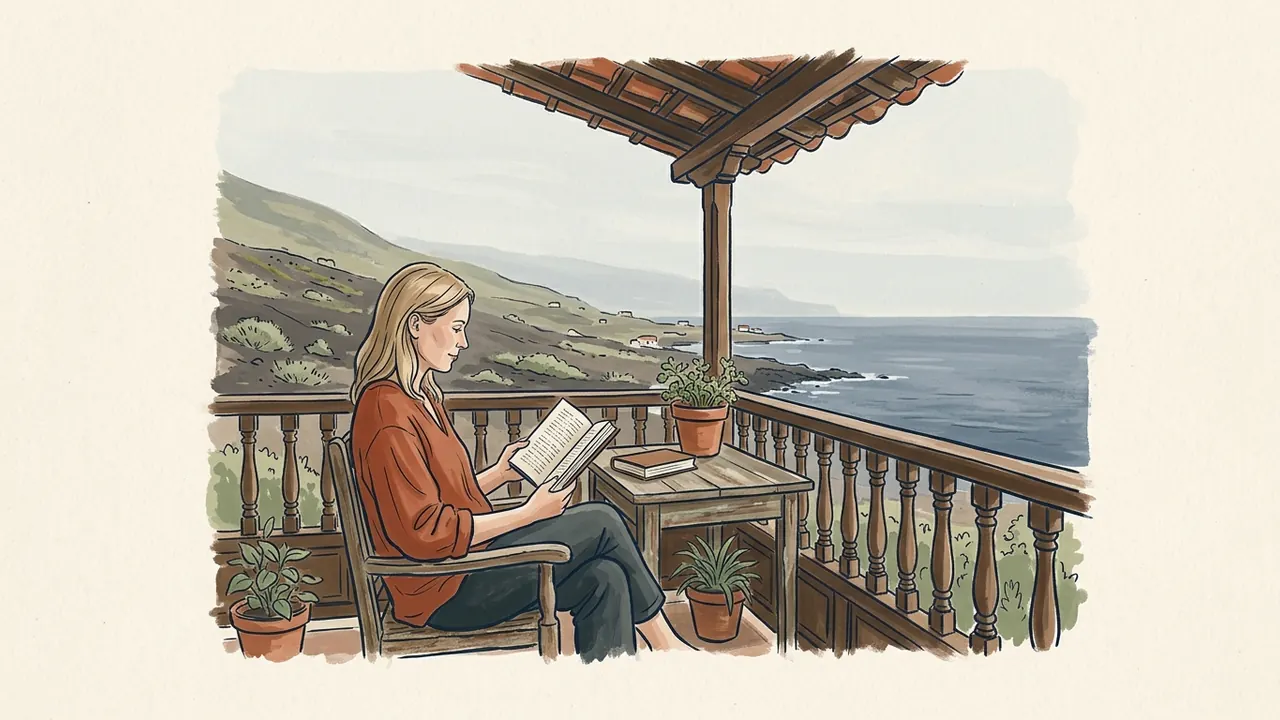 Mujer leyendo en un balcón de madera con vistas a la costa canaria.