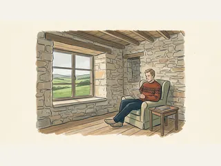 Hombre leyendo junto a una ventana con vistas a prados de Cantabria.