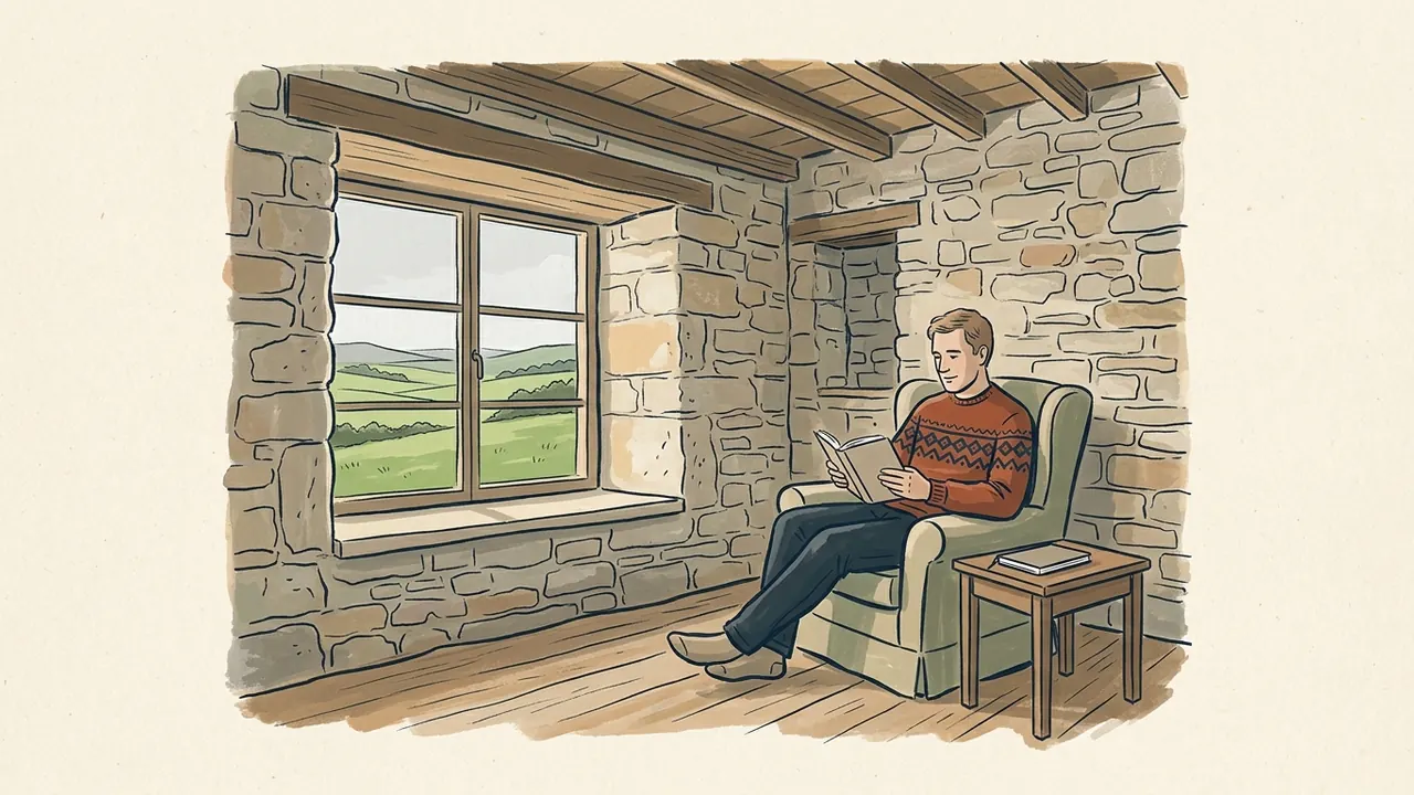 Hombre leyendo junto a una ventana con vistas a prados de Cantabria.